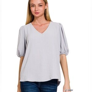NWT Zenana Outfitters Light Gray V-Neck Top in original packaging.